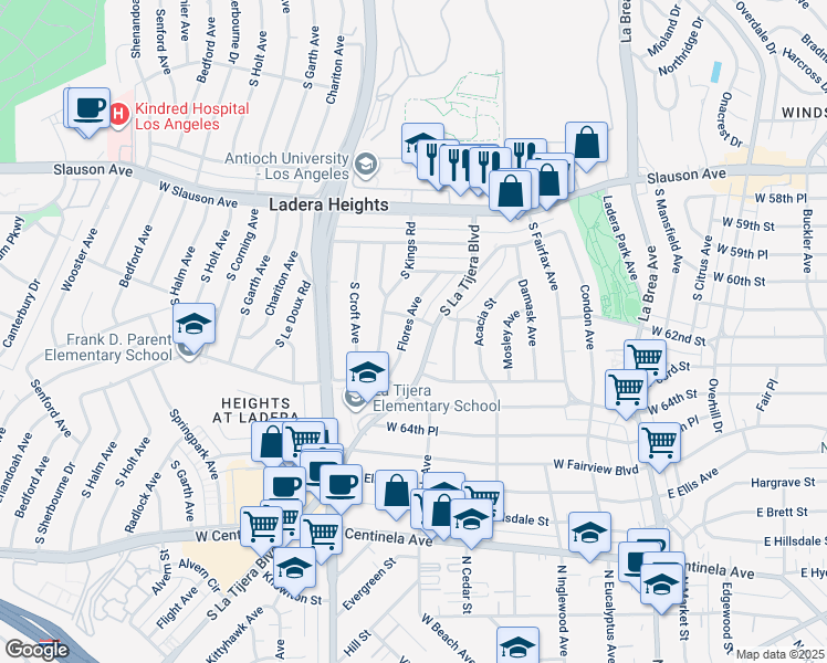 map of restaurants, bars, coffee shops, grocery stores, and more near 6112 Flores Avenue in Los Angeles