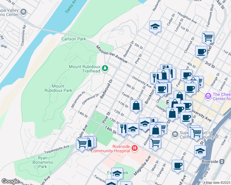 map of restaurants, bars, coffee shops, grocery stores, and more near 4424 Tenth Street in Riverside