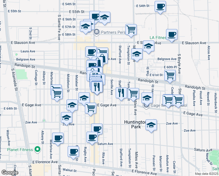 map of restaurants, bars, coffee shops, grocery stores, and more near 6208 Seville Avenue in Huntington Park