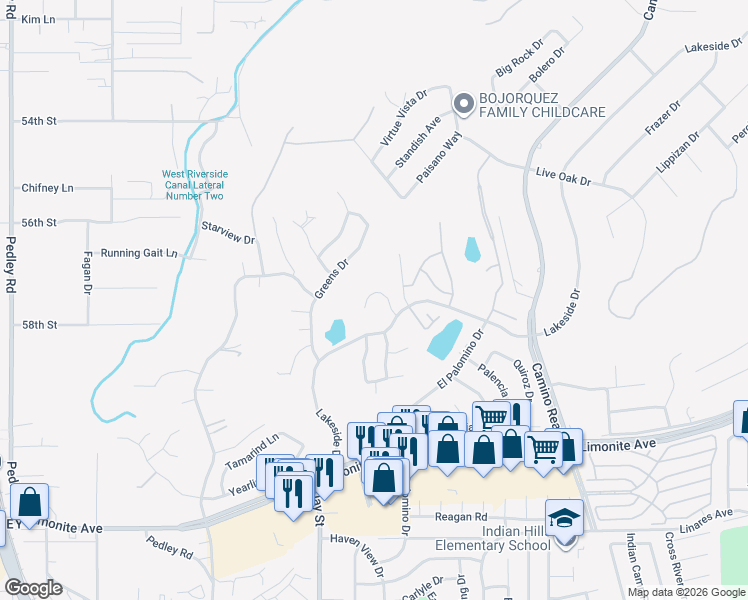 map of restaurants, bars, coffee shops, grocery stores, and more near 5650 Falling Leaf Lane in Riverside