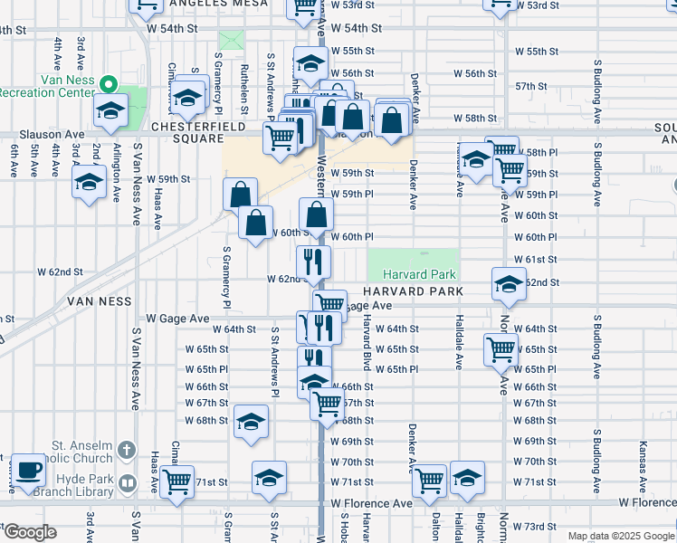 map of restaurants, bars, coffee shops, grocery stores, and more near 6129 South Hobart Boulevard in Los Angeles