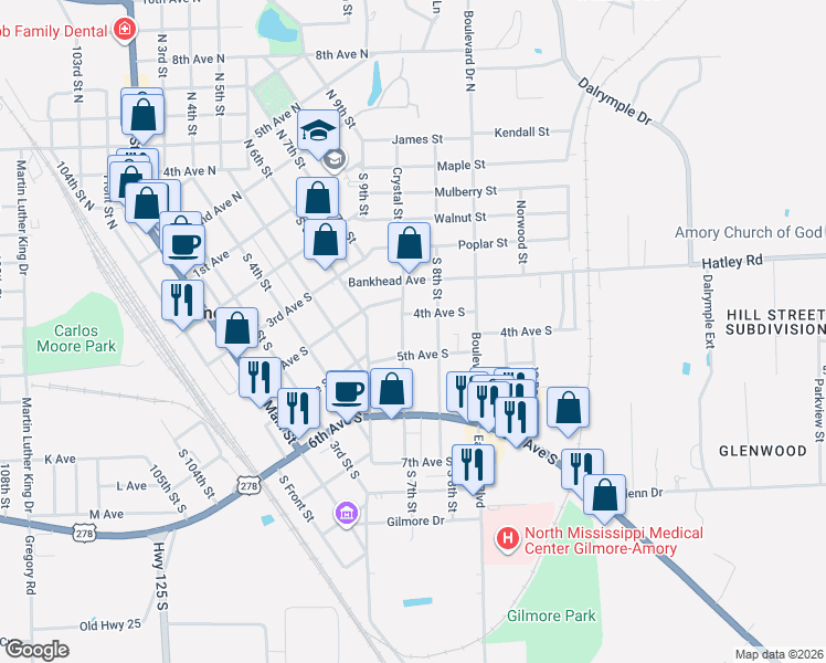 map of restaurants, bars, coffee shops, grocery stores, and more near 700-714 4th Avenue South in Amory