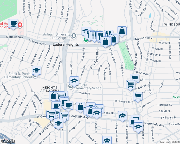 map of restaurants, bars, coffee shops, grocery stores, and more near 6220 La Tijera Boulevard in Los Angeles