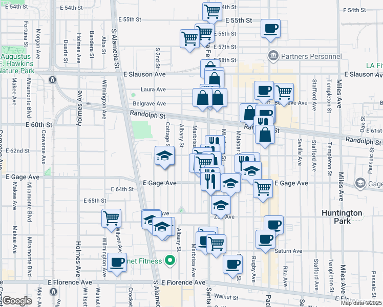 map of restaurants, bars, coffee shops, grocery stores, and more near 2223 Clarendon Avenue in Huntington Park