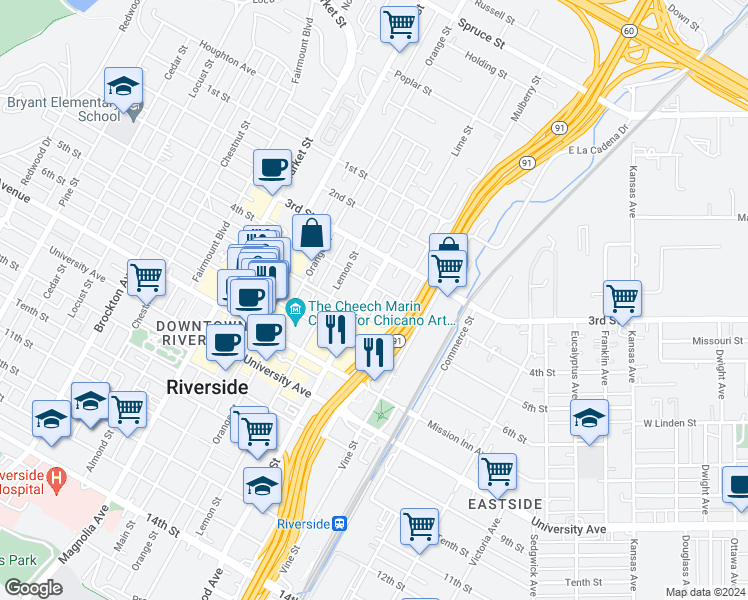 map of restaurants, bars, coffee shops, grocery stores, and more near 3449 Lime Street in Riverside