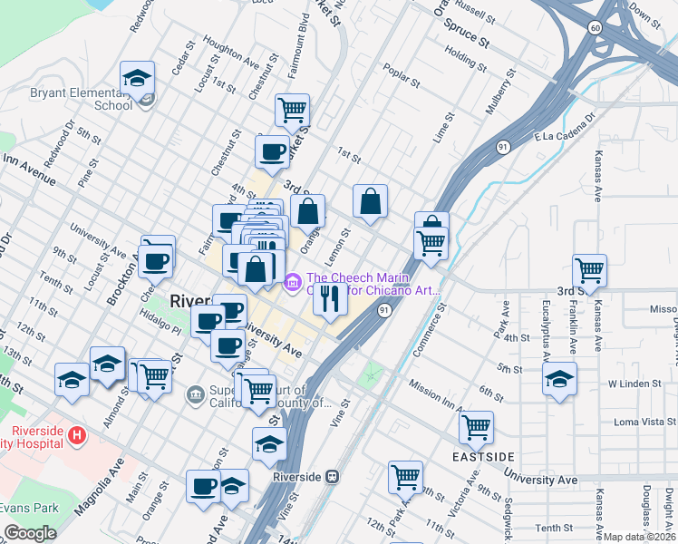 map of restaurants, bars, coffee shops, grocery stores, and more near 3449 Lime Street in Riverside