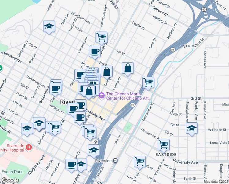 map of restaurants, bars, coffee shops, grocery stores, and more near 573 5th Street in Riverside