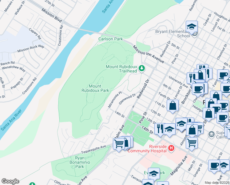 map of restaurants, bars, coffee shops, grocery stores, and more near 4227 Miramonte Place in Riverside