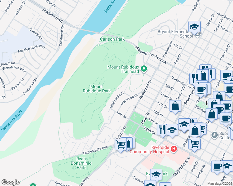 map of restaurants, bars, coffee shops, grocery stores, and more near 4227 Miramonte Place in Riverside