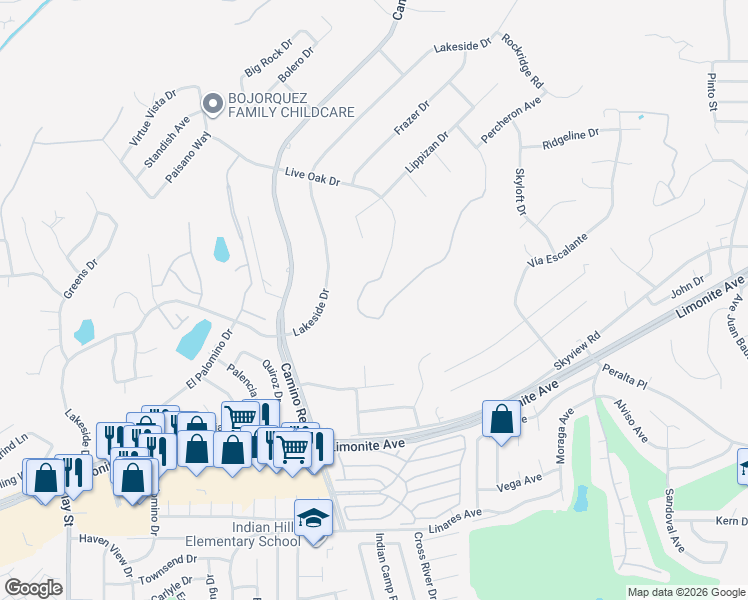 map of restaurants, bars, coffee shops, grocery stores, and more near 7421 Live Oak Drive in Riverside