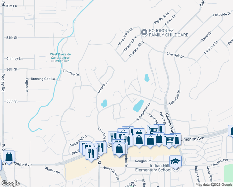 map of restaurants, bars, coffee shops, grocery stores, and more near 5650 Falling Leaf Lane in Riverside