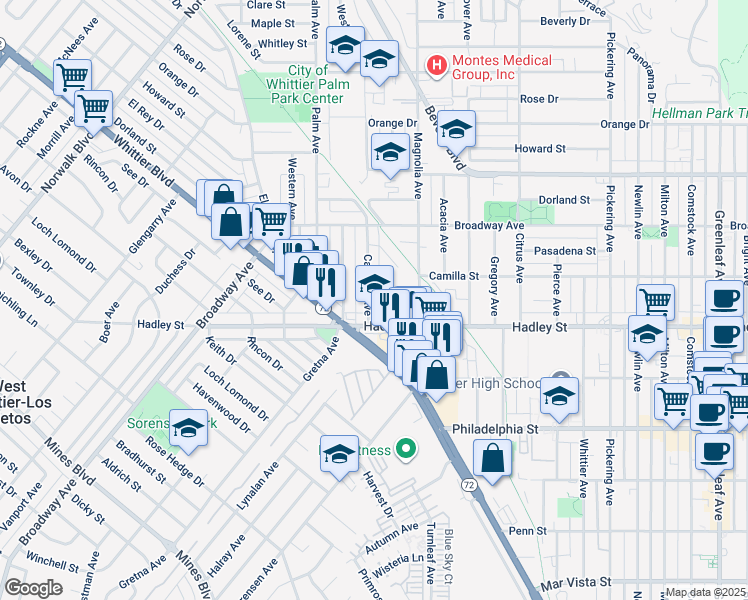 map of restaurants, bars, coffee shops, grocery stores, and more near 11726 Hillview Court in Whittier