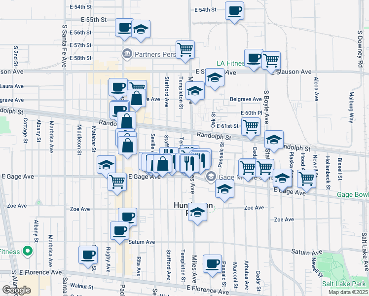 map of restaurants, bars, coffee shops, grocery stores, and more near 6121 Miles Avenue in Huntington Park