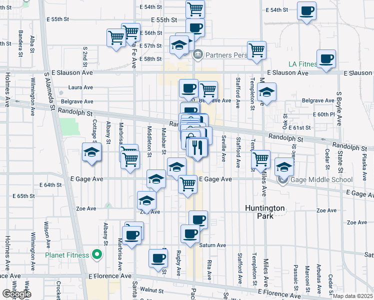 map of restaurants, bars, coffee shops, grocery stores, and more near 6215 Pacific Boulevard in Huntington Park
