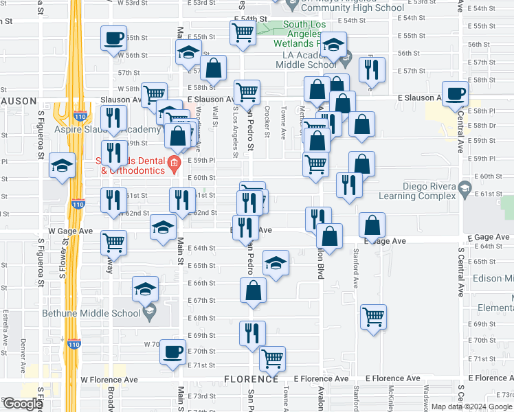 map of restaurants, bars, coffee shops, grocery stores, and more near in Los Angeles