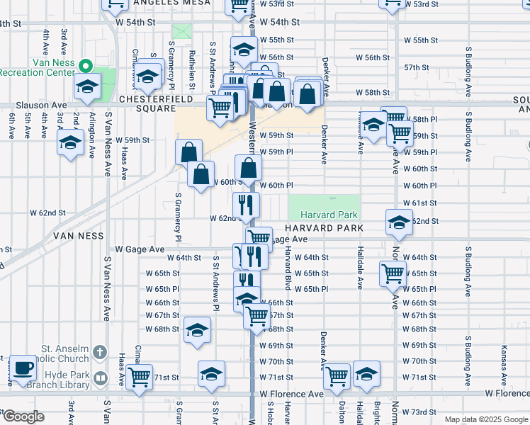 map of restaurants, bars, coffee shops, grocery stores, and more near 6129 South Hobart Boulevard in Los Angeles