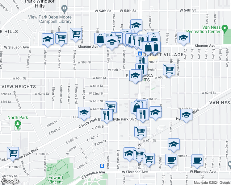 map of restaurants, bars, coffee shops, grocery stores, and more near 6114 Brynhurst Avenue in Los Angeles