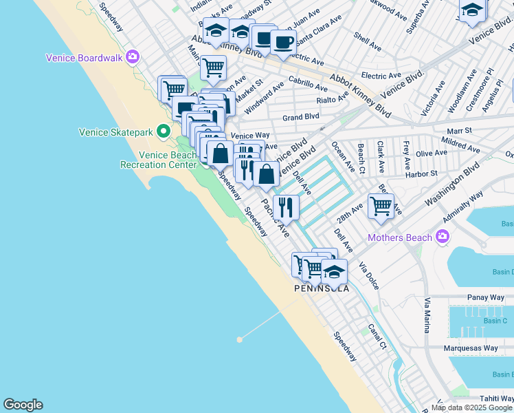 map of restaurants, bars, coffee shops, grocery stores, and more near 28 South Venice Boulevard in Los Angeles