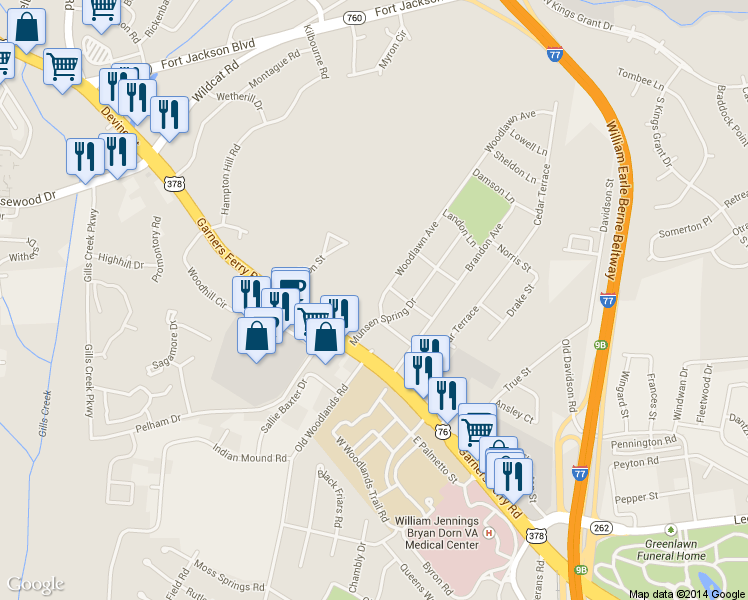 map of restaurants, bars, coffee shops, grocery stores, and more near 809 Woodlawn Avenue in Columbia
