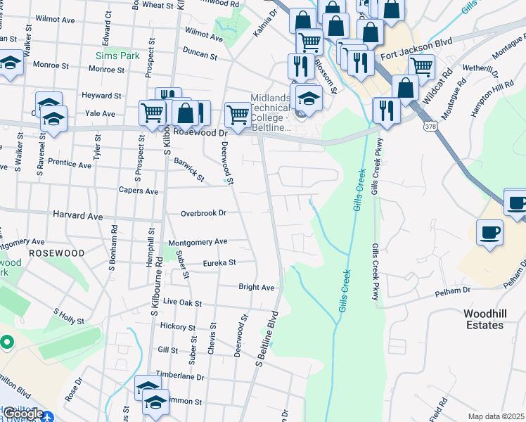 map of restaurants, bars, coffee shops, grocery stores, and more near 508 Deerwood Street in Columbia