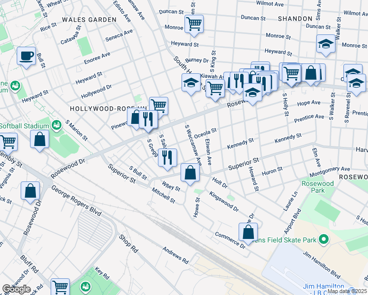 map of restaurants, bars, coffee shops, grocery stores, and more near 503 South Waccamaw Avenue in Columbia