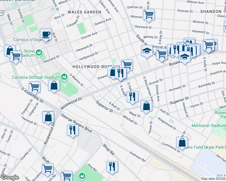 map of restaurants, bars, coffee shops, grocery stores, and more near 164 Rosewood Hills Drive in Columbia