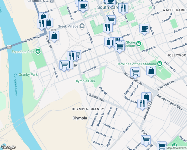 map of restaurants, bars, coffee shops, grocery stores, and more near 818 Heyward Street in Columbia