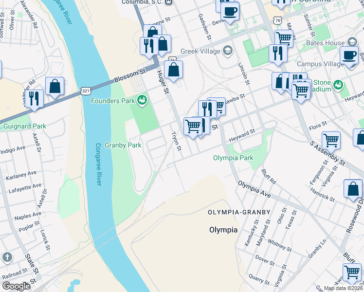 map of restaurants, bars, coffee shops, grocery stores, and more near 117 Huger Street in Columbia