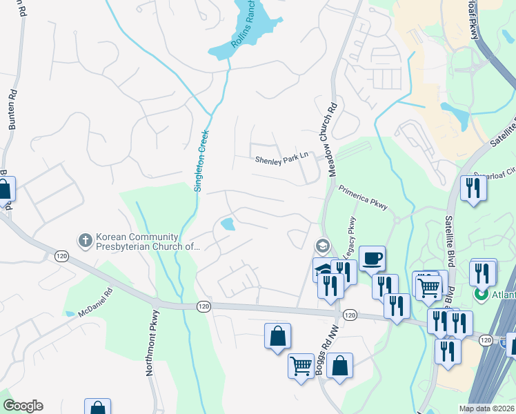 map of restaurants, bars, coffee shops, grocery stores, and more near 2527 Staunton Drive in Duluth