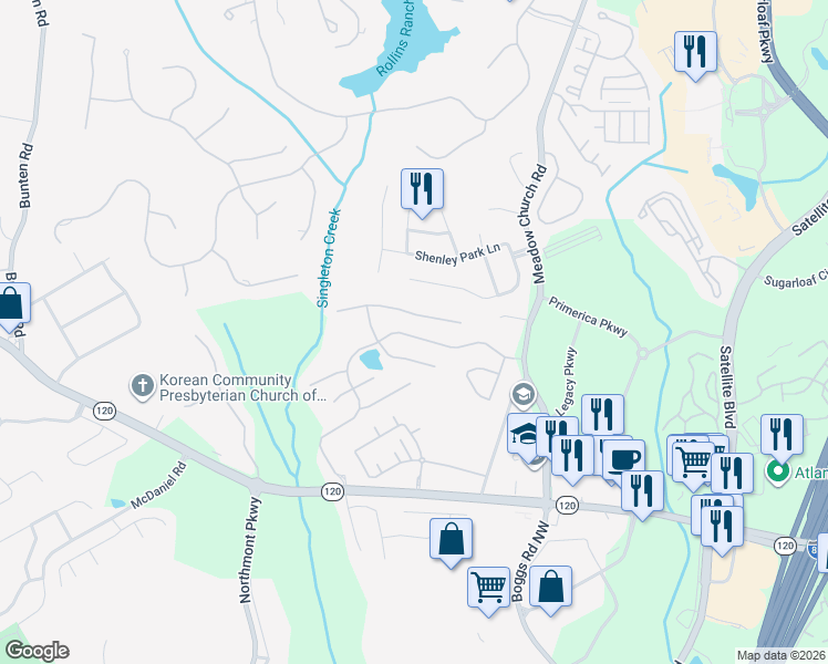 map of restaurants, bars, coffee shops, grocery stores, and more near 2537 Staunton Drive in Duluth