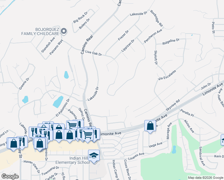 map of restaurants, bars, coffee shops, grocery stores, and more near 7421 Live Oak Drive in Riverside