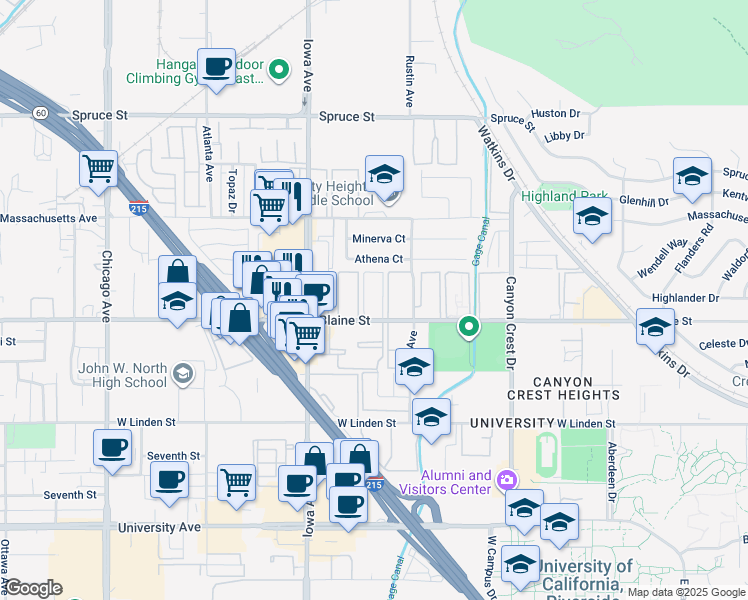 map of restaurants, bars, coffee shops, grocery stores, and more near 1175 West Blaine Street in Riverside