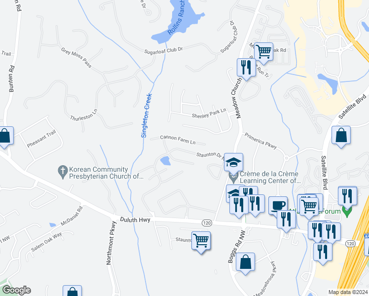 map of restaurants, bars, coffee shops, grocery stores, and more near 2537 Staunton Drive in Duluth