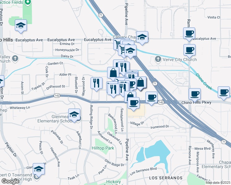 map of restaurants, bars, coffee shops, grocery stores, and more near 4030 Chino Hills Parkway in Chino Hills