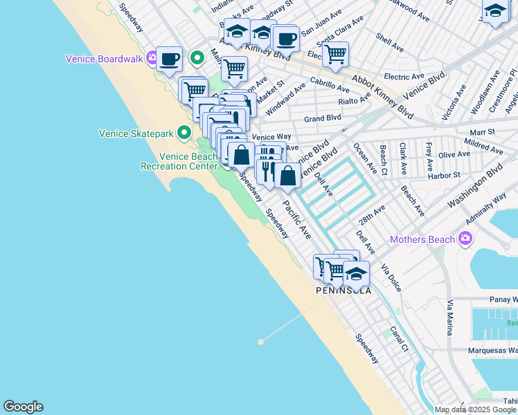 map of restaurants, bars, coffee shops, grocery stores, and more near S Venice Blvd & Ocean Front Walk in Los Angeles