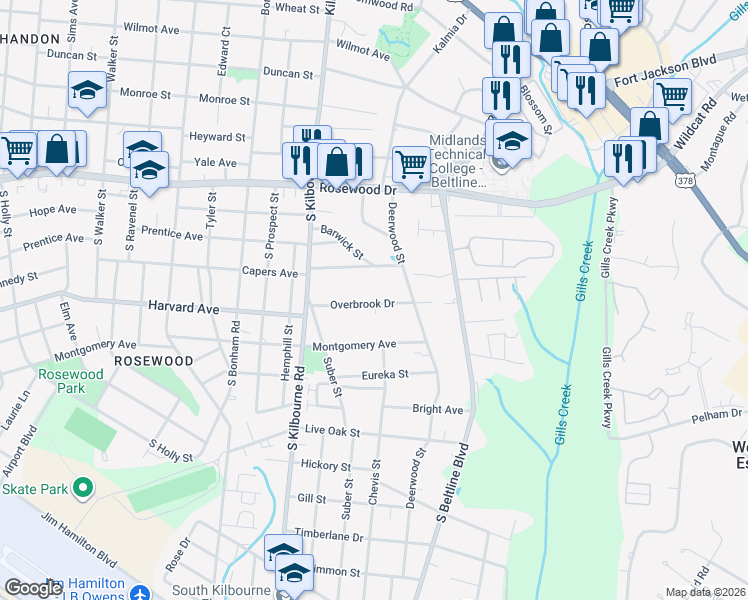 map of restaurants, bars, coffee shops, grocery stores, and more near 3921 Overbrook Drive in Columbia