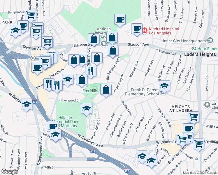 map of restaurants, bars, coffee shops, grocery stores, and more near 6124 Buckingham Parkway in Culver City