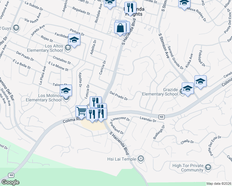 map of restaurants, bars, coffee shops, grocery stores, and more near 2865 Antisana Place in Hacienda Heights
