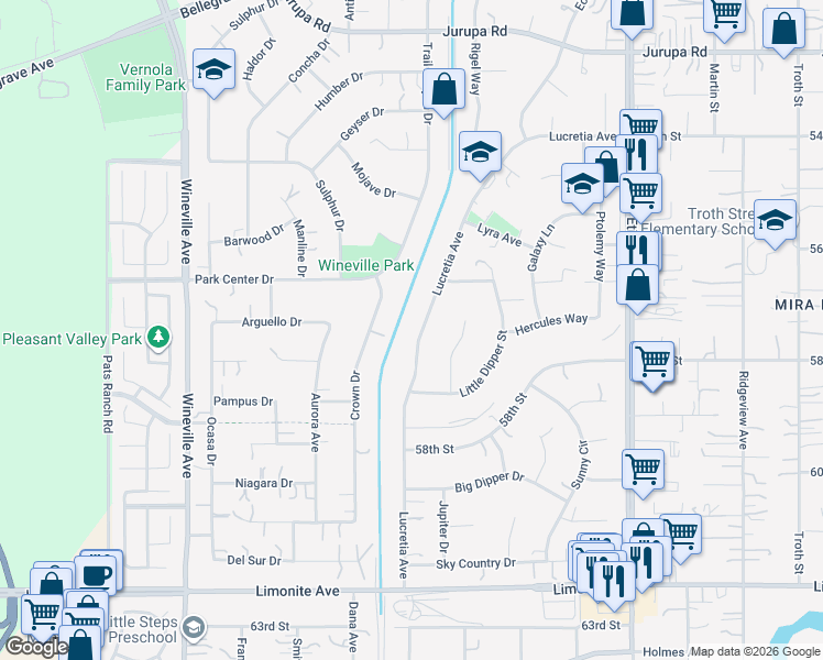 map of restaurants, bars, coffee shops, grocery stores, and more near 5795 Lucretia Avenue in Jurupa Valley
