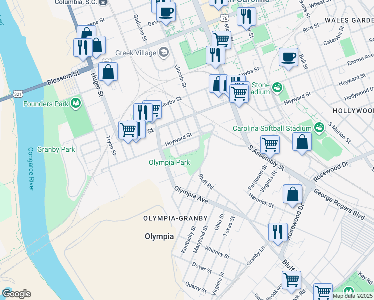 map of restaurants, bars, coffee shops, grocery stores, and more near 818 Heyward Street in Columbia