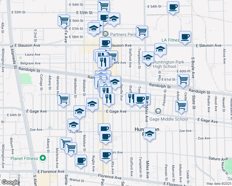 map of restaurants, bars, coffee shops, grocery stores, and more near 2629 Clarendon Avenue in Huntington Park