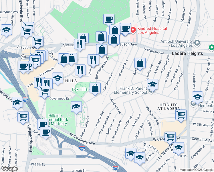 map of restaurants, bars, coffee shops, grocery stores, and more near 6000 Canterbury Drive in Culver City