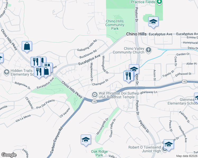 map of restaurants, bars, coffee shops, grocery stores, and more near 14841 Foxwood Road in Chino Hills