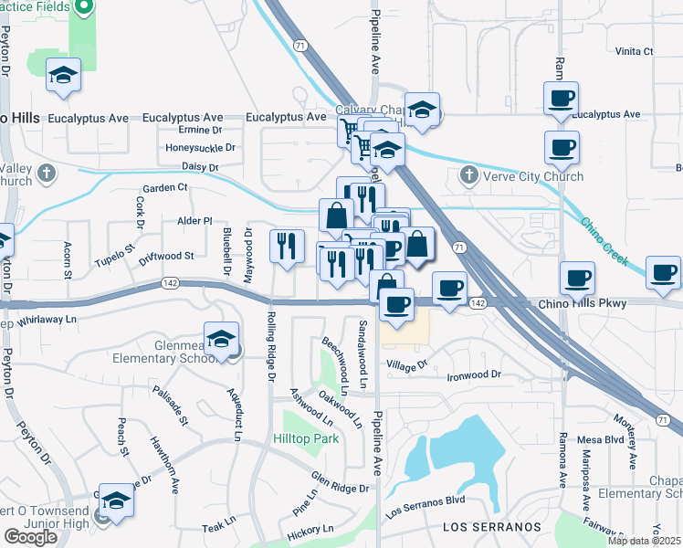 map of restaurants, bars, coffee shops, grocery stores, and more near 4030 Chino Hills Parkway in Chino Hills