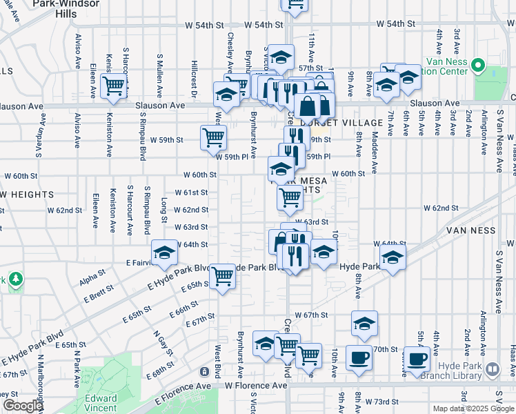 map of restaurants, bars, coffee shops, grocery stores, and more near 6129 South Victoria Avenue in Los Angeles