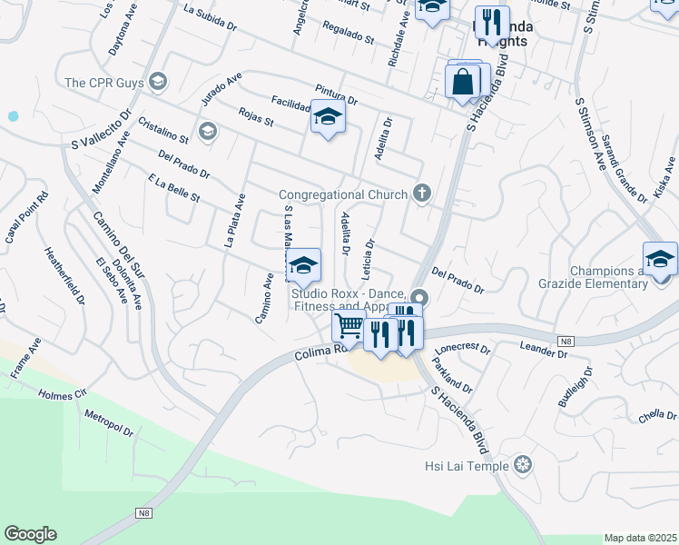 map of restaurants, bars, coffee shops, grocery stores, and more near 3005 Adelita Drive in Hacienda Heights