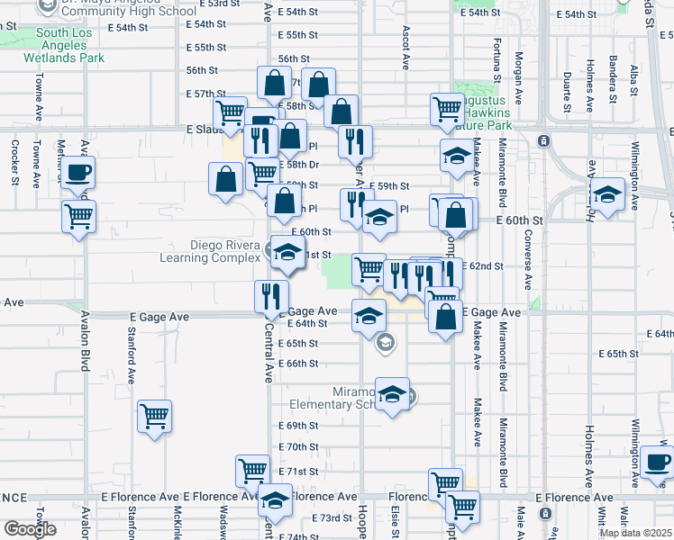 map of restaurants, bars, coffee shops, grocery stores, and more near 1244 East 61st Street in Los Angeles