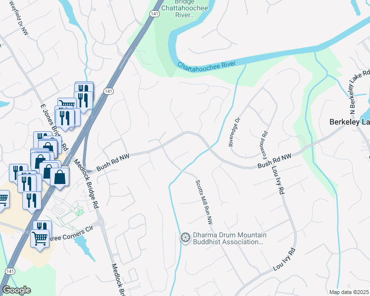 map of restaurants, bars, coffee shops, grocery stores, and more near 4835 Scotts Mill Way in Duluth