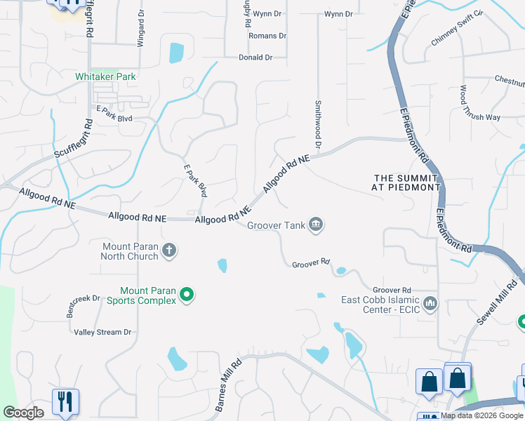 map of restaurants, bars, coffee shops, grocery stores, and more near 1395 Prestige Valley Drive in Marietta