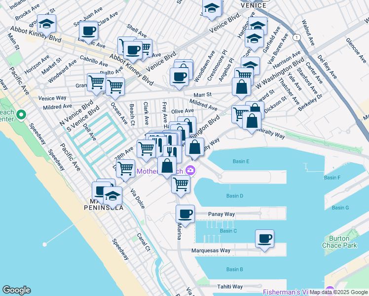 map of restaurants, bars, coffee shops, grocery stores, and more near in Marina del Rey